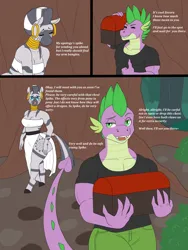 Size: 1500x2000 | Tagged: safe, artist:lurking tyger, derpibooru import, spike, zecora, anthro, dragon, unguligrade anthro, zebra, comic:spike's curse, adult, adult spike, breasts, busty zecora, chest, cleavage, comic, dialogue, duo, duo male and female, female, image, male, midriff, older, older spike, png, thumbs up
