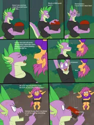 Size: 1500x2000 | Tagged: safe, artist:lurking tyger, derpibooru import, scootaloo, spike, anthro, dragon, pegasus, unguligrade anthro, comic:spike's curse, adult, adult spike, angry, chest, cross-popping veins, dialogue, duo, duo male and female, emanata, eye clipping through hair, female, floppy ears, forest, image, laughing, male, moments before disaster, nature, older, older scootaloo, older spike, png, prank, tree, upside down