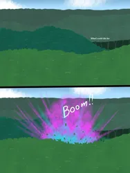 Size: 1500x2000 | Tagged: safe, artist:lurking tyger, derpibooru import, comic:spike's curse, 2 panel comic, comic, dialogue, explosion, forest, image, implied scootaloo, implied spike, nature, no pony, png, tree