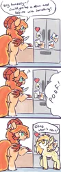 Size: 1318x3707 | Tagged: safe, artist:rivibaes, derpibooru import, oc, oc:evanti, oc:orange cream, unofficial characters only, deer, dracony, dragon, hybrid, barely pony related, cloven hooves, comic, dialogue, female, image, implied transformation, kitchen, male, png, pun, quadrupedal, refrigerator