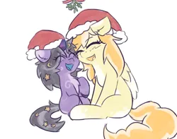 Size: 1928x1521 | Tagged: safe, artist:rivibaes, derpibooru import, oc, oc:orange cream, oc:rivibaes, pegasus, pony, unicorn, christmas, female, filly, foal, hat, holiday, image, mare, mistletoe, mother and child, mother and daughter, nuzzling, png, santa hat