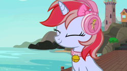 Size: 872x486 | Tagged: safe, artist:kichimina, derpibooru import, oc, unofficial characters only, pony, unicorn, animated, bow, bust, clothes, collar, commission, cutie mark, cutie mark on clothes, eyelashes, eyes closed, female, gif, half body, happy, headphones, horn, image, loop, mare, multicolored hair, note, perfect loop, show accurate, signature, unicorn oc, vector, ych result