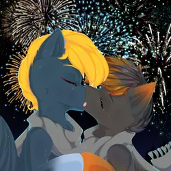 Size: 2000x2000 | Tagged: safe, artist:thieftea, derpibooru import, oc, oc:osteen, oc:scorched earth, unofficial characters only, pegasus, pony, clothes, commission, eyes closed, fireworks, gradient hooves, image, kissing, multicolored hair, oc x oc, png, scarf, shipping, ych result