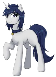 Size: 2602x3568 | Tagged: safe, artist:alicetriestodraw, derpibooru import, oc, oc:mysza, unofficial characters only, pony, unicorn, derpibooru community collaboration, 2024 community collab, blank flank, blue eyes, blue mane, collar, female, image, looking at you, mare, png, simple background, solo, standing, transparent background, white fur