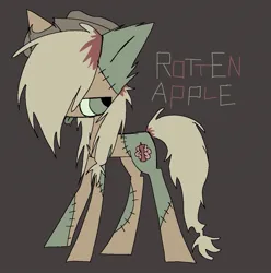 Size: 1089x1100 | Tagged: safe, artist:burnedmuffinz, derpibooru import, oc, oc:rotten apple, unofficial characters only, pony, undead, zombie, zombie pony, applejack's hat, chest fluff, cowboy hat, hat, image, jpeg, messy mane, messy tail, stitches, tail, text, tongue out