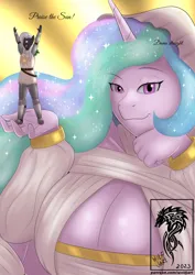 Size: 636x900 | Tagged: suggestive, artist:wolfjarl, derpibooru import, princess celestia, alicorn, anthro, earth pony, big breasts, breasts, busty princess celestia, cleavage, crossover, dark souls, female, giant pony, giantess, gwynevere, huge breasts, image, in goliath's palm, jpeg, macro, praise the sun, size difference, smiling, text
