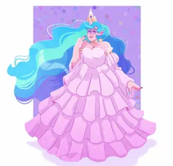 Size: 1500x1431 | Tagged: safe, artist:irisikiki, derpibooru import, princess celestia, human, bare shoulders, breasts, busty princess celestia, choker, cleavage, clothes, dress, ear piercing, earring, female, gown, horn, horned humanization, humanized, image, jewelry, jpeg, light skin, looking at you, passepartout, piercing, simple background, smiling, smiling at you, solo, white background