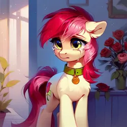 Size: 1024x1024 | Tagged: safe, ai content, derpibooru import, machine learning generated, prompter:doom9454, stable diffusion, roseluck, earth pony, pony, behaving like a cat, collar, crying, flower, g4, generator:purplesmart.ai, image, jpeg, pet tag, pony pet, rose, rosepet, solo
