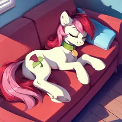 Size: 1024x1024 | Tagged: safe, ai content, derpibooru import, machine learning generated, prompter:doom9454, stable diffusion, roseluck, earth pony, pony, behaving like a cat, collar, couch, eyes closed, g4, generator:purplesmart.ai, image, jpeg, pet tag, pony pet, rosepet, solo