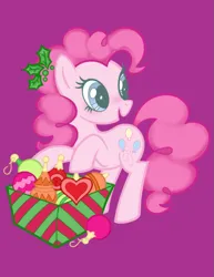 Size: 789x1024 | Tagged: safe, artist:hivecicle, derpibooru import, pinkie pie, earth pony, christmas, coloring page, holiday, image, ornaments, pink coat, pink hair, plant, png, present, solo