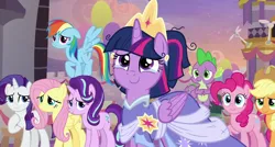 Size: 1050x563 | Tagged: safe, composite screencap, derpibooru import, edit, edited screencap, screencap, applejack, fluttershy, pinkie pie, rainbow dash, rarity, spike, starlight glimmer, twilight sparkle, twilight sparkle (alicorn), alicorn, dragon, the last problem, clothes, coronation dress, crown, crying, crylight sparkle, dress, image, jewelry, mane seven, mane six, png, regalia, second coronation dress, tears of joy, winged spike, wings