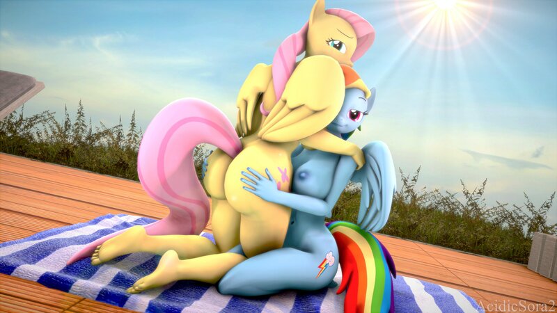 Size: 1920x1080 | Tagged: questionable, artist:acidicsora, ponerpics import, fluttershy, rainbow dash, anthro, 3d, breasts, exhibitionism, image, jpeg, looking at you, nipples, nudity