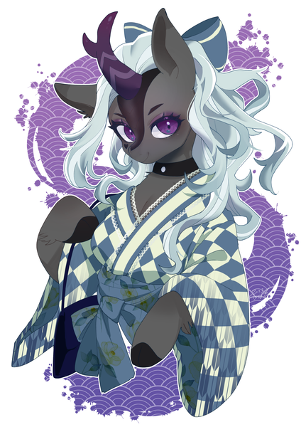Size: 2894x4093 | Tagged: safe, artist:potetecyu_to, derpibooru import, oc, oc:jinx kurai, unofficial characters only, kirin, bow, breasts, choker, cleavage, clothes, cloven hooves, eyeshadow, heart, horn, image, japanese, kimono (clothing), kirin oc, makeup, moon runes, png, scales, tattoo