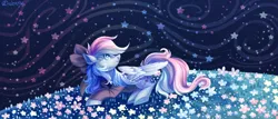 Size: 7000x3000 | Tagged: safe, artist:neonishe, derpibooru import, oc, unofficial characters only, pegasus, pony, clothes, cute, flower, image, png, ribbon, sky, solo, stars