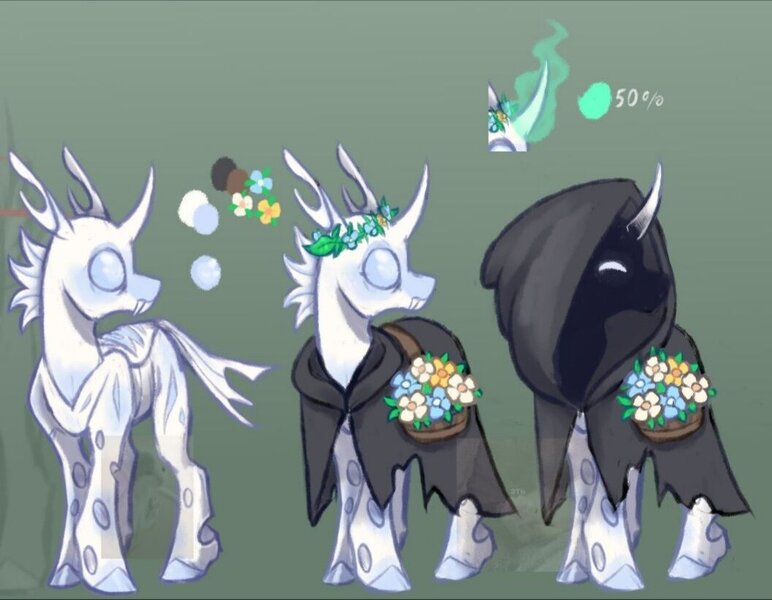 Size: 1057x822 | Tagged: safe, artist:mr.catfish, derpibooru import, changedling, changeling, albino changeling, bouquet of flowers, clothes, floral head wreath, flower, gray eyes, hooded cape, image, jpeg, magic, male, mantle, reference sheet, scar, simple background, telekinesis, torn clothes