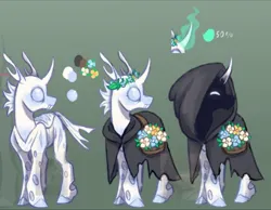 Size: 1057x822 | Tagged: safe, artist:mr.catfish, derpibooru import, changedling, changeling, albino changeling, bouquet of flowers, clothes, floral head wreath, flower, gray eyes, hooded cape, image, jpeg, magic, male, mantle, reference sheet, scar, simple background, telekinesis, torn clothes