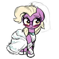 Size: 680x680 | Tagged: safe, artist:wenni, derpibooru import, grace manewitz, earth pony, pony, blushing, clothes, dress, female, glasses, image, jewelry, mare, necklace, png, simple background, solo, transparent background, veil, wedding dress