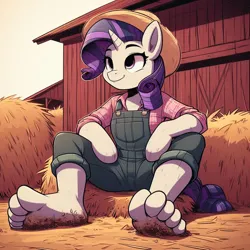 Size: 894x894 | Tagged: suggestive, ai content, derpibooru import, machine learning generated, rarity, anthro, unicorn, barefoot, clothes, dirt, dirty, dirty feet, farmer, feet, fetish, foot fetish, foot focus, image, jpeg, overalls, toes