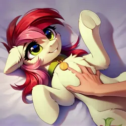 Size: 4096x4096 | Tagged: safe, ai content, derpibooru import, machine learning generated, prompter:doom9454, stable diffusion, roseluck, human, pony, behaving like a cat, chest fluff, collar, cute, fluffy, generator:purplesmart.ai, hand, image, jpeg, lying down, pet tag, petting, pony pet, rosepet