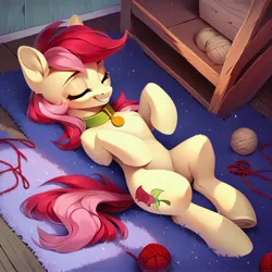 Size: 4096x4096 | Tagged: safe, ai content, derpibooru import, machine learning generated, prompter:doom9454, stable diffusion, roseluck, pony, behaving like a cat, collar, cute, generator:purplesmart.ai, image, jpeg, lying down, pet tag, pony pet, rosepet, yarn, yarn ball