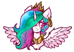 Size: 700x497 | Tagged: safe, artist:duskpyx, derpibooru import, princess celestia, alicorn, pony, bust, colored, crown, ear piercing, earring, feathered wings, female, g4, image, jewelry, looking at you, mare, multicolored hair, multicolored mane, peytral, piercing, png, regalia, simple background, smiling, smiling at you, solo, sparkling mane, spread wings, swirly eyes, transparent background, wings