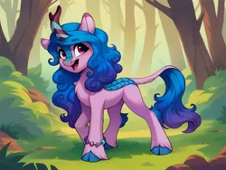 Size: 2048x1536 | Tagged: safe, ai content, derpibooru import, machine learning generated, izzy moonbow, kirin, g5, bracelet, female, forest, generator:pony diffusion v6 xl, grass, horn, image, jewelry, jpeg, kirinified, looking sideways, nature, open mouth, prompter:siber, solo, species swap, tree, walking