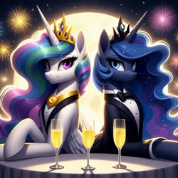 Size: 1024x1024 | Tagged: safe, ai content, derpibooru import, machine learning generated, princess celestia, princess luna, alicorn, pony, alcohol, bowtie, champagne, clothes, duo, duo female, female, fireworks, generator:dall-e 3, happy new year, holiday, image, jpeg, looking at you, mare, moon, new year, smiling, smiling at you, suit, wine