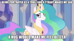 Size: 888x499 | Tagged: safe, derpibooru import, edit, screencap, princess celestia, equestria girls, equestria girls (movie), bronybait, caption, celestia defence, hug request, image, image macro, imgflip, jpeg, op has a point, op is right, sad, sadlestia, text