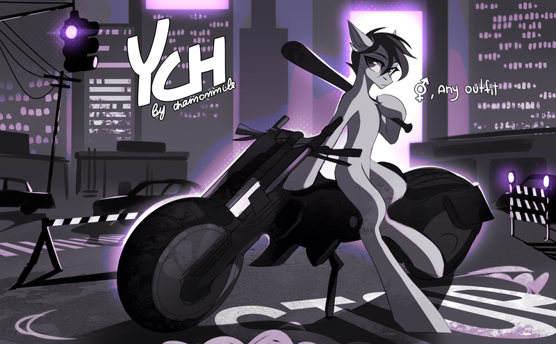 Size: 4200x2600 | Tagged: safe, artist:chamommile, derpibooru import, oc, bat, pony, any gender, any race, any species, belly, bicycle, biker, cel shading, chest fluff, city, cityscape, colored, commission, concave belly, full body, image, long legs, looking at you, png, shading, slender, solo, standing, thin, ych sketch, your character here