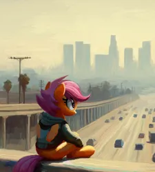Size: 1491x1660 | Tagged: safe, artist:yidwags, derpibooru import, scootaloo, pegasus, pony, car, clothes, contemplating, highway, hoodie, image, jpeg, los angeles, sitting, smog, solo