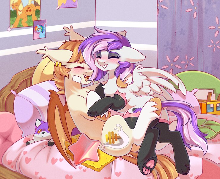Size: 4096x3321 | Tagged: safe, artist:cheekipone, ponerpics import, applejack, rainbow dash, oc, oc:honey milk, unofficial characters only, bat pony, bee, insect, pegasus, pony, bat pony oc, bat wings, bed, bee plush, blushing, butt, cat lingerie, clothes, cuddling, cuddling in bed, curtains, dock, duo, ear piercing, ear tufts, eyes closed, eyeshadow, fangs, female, image, jpeg, laying on bed, leaf, lingerie, lying, lying on top of someone, makeup, male, mare, oc x oc, on bed, pegasus oc, piercing, pillow, plushie, poster, rule 63, shipping, smiling, socks, stallion, stars, teeth, unshorn fetlocks, vandage, wings