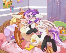 Size: 4096x3321 | Tagged: safe, artist:cheekipone, ponerpics import, applejack, rainbow dash, oc, oc:honey milk, unofficial characters only, bat pony, bee, insect, pegasus, pony, bat pony oc, bat wings, bed, bee plush, blushing, butt, cat lingerie, clothes, cuddling, cuddling in bed, curtains, dock, duo, ear piercing, ear tufts, eyes closed, eyeshadow, fangs, female, image, jpeg, laying on bed, leaf, lingerie, lying, lying on top of someone, makeup, male, mare, oc x oc, on bed, pegasus oc, piercing, pillow, plushie, poster, rule 63, shipping, smiling, socks, stallion, stars, teeth, unshorn fetlocks, vandage, wings