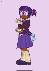 Size: 1431x2048 | Tagged: safe, artist:jessofthesketch, derpibooru import, twilight sparkle, human, blackwashing, clothes, dark skin, female, g4, glasses, humanized, image, jpeg, ponytail, purple background, simple background, skirt, solo