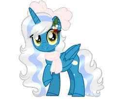 Size: 1416x1154 | Tagged: safe, artist:zorixn, derpibooru import, oc, oc:fleurbelle, unofficial characters only, alicorn, pony, alicorn oc, bow, clothes, cute, female, hair bow, holly, horn, image, looking at you, mare, png, scarf, simple background, smiling, smiling at you, solo, transparent background, wings, yellow eyes