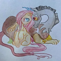 Size: 1080x1080 | Tagged: safe, artist:ella.doodles, derpibooru import, discord, fluttershy, discoshy, female, heart, heart eyes, image, jpeg, looking at each other, looking at someone, male, shipping, sketchbook, sketchbook art, straight, traditional art, watercolor painting, wingding eyes