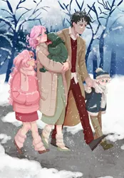 Size: 1500x2158 | Tagged: safe, artist:labrony12, derpibooru import, discord, fluttershy, human, hybrid, clothes, coat, discoshy, family, father and child, father and daughter, father and son, female, glasses, hand in pocket, holding hands, humanized, image, interspecies offspring, jpeg, male, mother and child, mother and daughter, mother and son, offspring, parent:discord, parent:fluttershy, parents:discoshy, pink hair, shipping, shoes, snow, straight