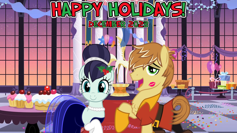 Size: 2064x1161 | Tagged: safe, anonymous artist, artist:cloudy glow, derpibooru import, coloratura, feather bangs, earth pony, pony, 2023, all i want for christmas is you, canterlot, canterlot castle interior, christmas, clothes, colorabangs, december, dress, duet, duo, female, flower, flower in hair, gala, happy holidays, hearth's warming, holiday, holly, image, kiss mark, lipstick, lyrics in the description, male, mare, party, png, shipping, shirt, singing, smiling, song in the description, song reference, stallion, straight, youtube link in the description
