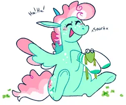 Size: 2048x1716 | Tagged: safe, artist:goatpaste, derpibooru import, minty, frog, pegasus, pony, g3, clothes, image, laughing, png, simple background, socks, solo, spread wings, white background, wings