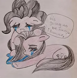 Size: 640x651 | Tagged: artist needed, safe, derpibooru import, pinkie pie, earth pony, pony, crying, dialogue, duality, female, g4, image, jpeg, mare, partial color, pinkamena diane pie, sad, speech bubble, traditional art