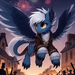 Size: 1024x1024 | Tagged: safe, ai content, derpibooru import, machine learning generated, oc, oc:brass case, dracony, dragon, feathered dragon, hybrid, 1776, amber eyes, american revolution, fireworks, generator:bing image creator, image, jpeg, militia, no cutie mark for some reason