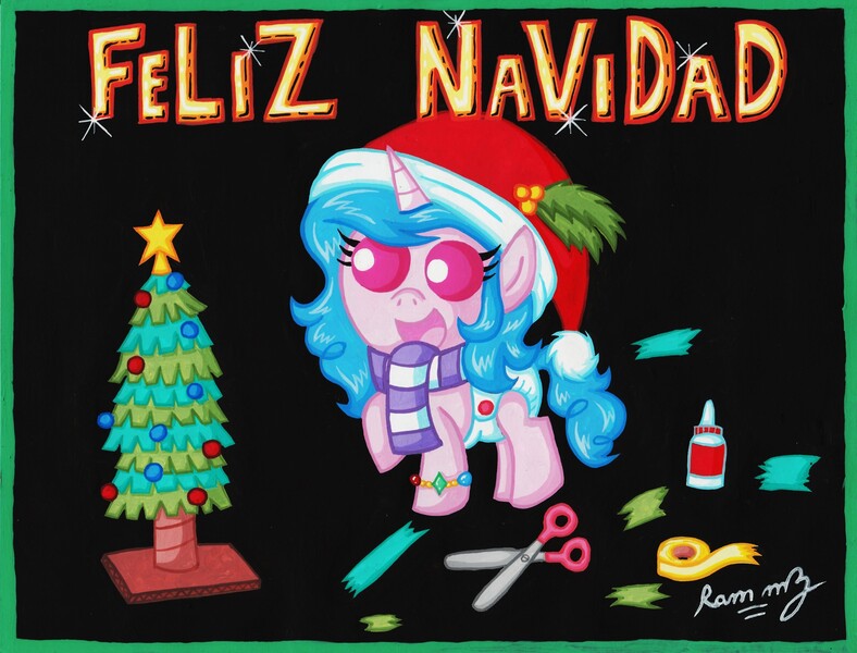 Size: 3422x2606 | Tagged: safe, artist:rammzblood, derpibooru import, izzy moonbow, pony, unicorn, g5, black background, christmas, clothes, diaper, feliz navidad, female, filly, filly izzy moonbow, foal, holiday, image, jpeg, open mouth, raised hoof, scarf, simple background, younger