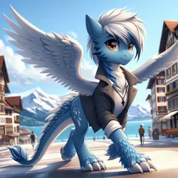 Size: 1024x1024 | Tagged: source needed, safe, ai content, derpibooru import, machine learning generated, oc, oc:brass case, dracony, dragon, feathered dragon, hybrid, amber eyes, christianity, coast, cross, cross necklace, dracony oc, feathered fetlocks, generator:bing image creator, image, jewelry, jpeg, looking at you, mountain village, necklace, no cutie mark for some reason, pea coat