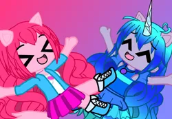 Size: 1564x1080 | Tagged: safe, artist:80ssuperstar, derpibooru import, izzy moonbow, pinkie pie, anthro, equestria girls, g5, g4, horn, image, izzy and her heroine, png, pony ears, tail, unicorn horn