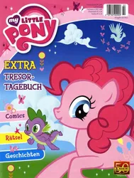 Size: 606x800 | Tagged: safe, derpibooru import, official, pinkie pie, spike, bird, earth pony, 2010s, cloud, cover, cute, g4, german, grass, image, jpeg, looking at you, magazine, panini, smiling, smiling at you