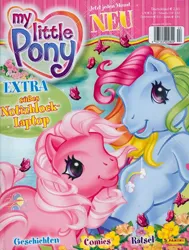 Size: 604x800 | Tagged: safe, derpibooru import, official, pinkie pie, rainbow dash, butterfly, earth pony, insect, g3, 2000s, cover, cute, flower, german, image, jpeg, looking at you, magazine, panini, rainbow, raised hoof, smiling, smiling at you