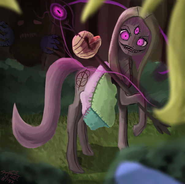 Size: 1110x1102 | Tagged: semi-grimdark, artist:tazool, derpibooru import, oc, earth pony, pony, blood, bush, cowl, dark magic, everfree forest, evil, evil grin, forest, found, grin, holding, image, imminent death, impalement, kidnapped, looking at you, magic, monster, nature, occult, offscreen character, png, pov, raised hoof, sack, scar, scarification, smiling, staff, summoning, third eye, tree, when you see it