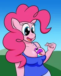 Size: 2400x3000 | Tagged: suggestive, artist:hypermarc, derpibooru import, pinkie pie, anthro, yoshi, baby yoshi, breasts, cleavage, clothes, image, png