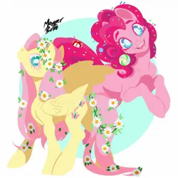 Size: 1280x1280 | Tagged: safe, artist:mergerbirth, derpibooru import, fluttershy, pinkie pie, earth pony, pegasus, pony, candy, circle background, colored eyelashes, duo, female, floral head wreath, flower, flower in hair, folded wings, food, image, jpeg, jumping, looking at you, mare, open mouth, open smile, pink eyelashes, raised hoof, simple background, smiling, smiling at you, sprinkles, sprinkles in hair, standing, white background, white pupils, wings