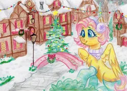 Size: 2054x1468 | Tagged: safe, artist:dandy, derpibooru import, fluttershy, pegasus, pony, alternate hairstyle, blushing, bridge, christmas, christmas lights, christmas tree, clothes, colored pencil drawing, earmuffs, female, g4, hearth's warming, holiday, image, lamp, mare, png, ponyville, short mane, smiling, socks, solo, striped socks, traditional art, tree, wreath