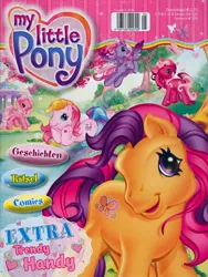 Size: 602x800 | Tagged: safe, derpibooru import, official, cheerilee, pinkie pie, scootaloo, starsong, toola roola, butterfly, earth pony, insect, pegasus, g3, 2000s, cover, cute, german, heart, image, jpeg, lake, looking at you, magazine, panini, smiling, smiling at you, tree, water
